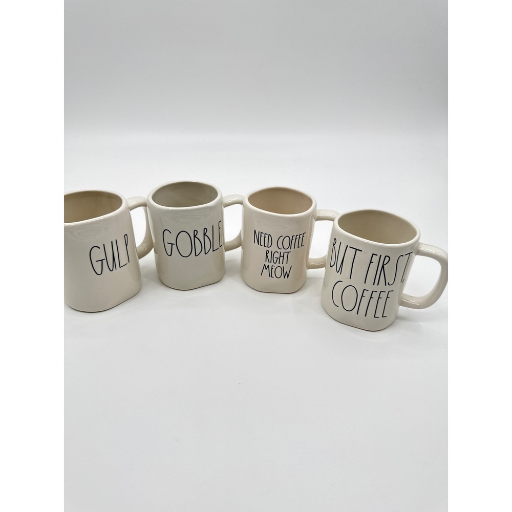 Rae Dunn Coffee Mug Set of 4 But First Coffee Gulp Gobble Need Coffee Right Meow